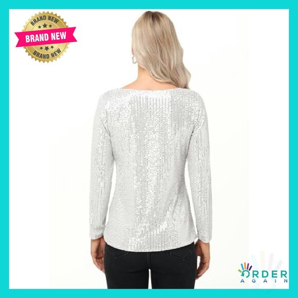 Long Sleeve Sequin Blouse Elegant Party Top Lined Sparkly Evening Wear - Picture 5 of 8